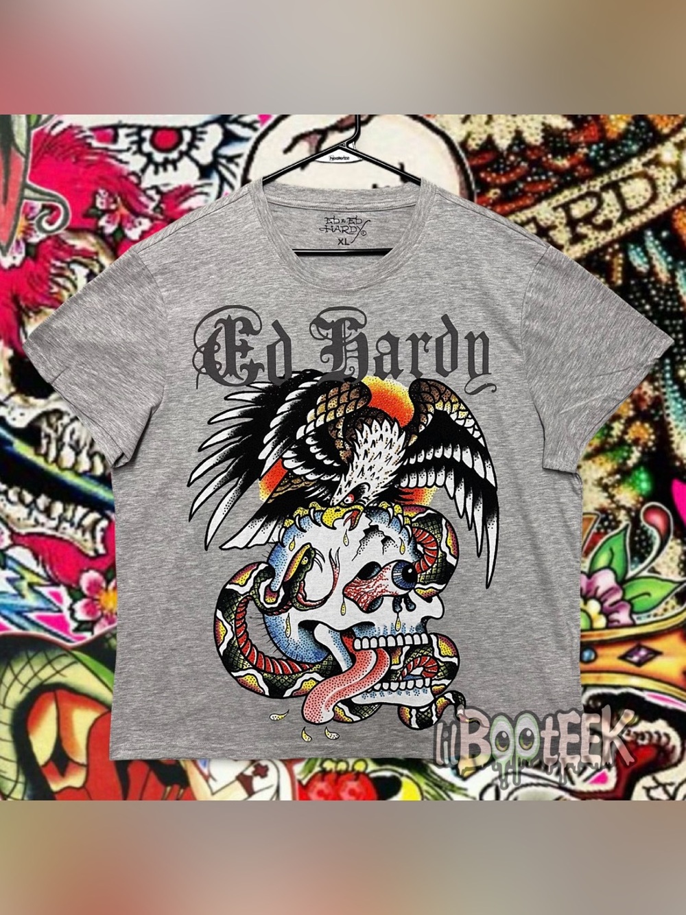 Ed Hardy Mens XL Heather Gray T-Shirt Rhinestone Skull Eagle Snake Logo NEW Y2K